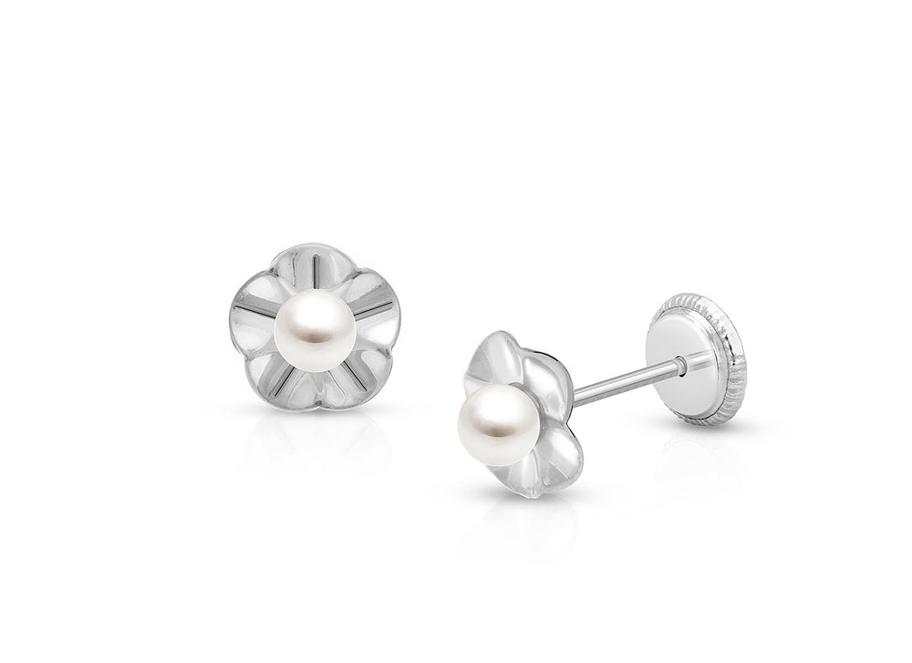 Ruffled Petals with Pearl, Christening/Baptism Baby/Children’s Earrings, Screw Back – 14K White Gold