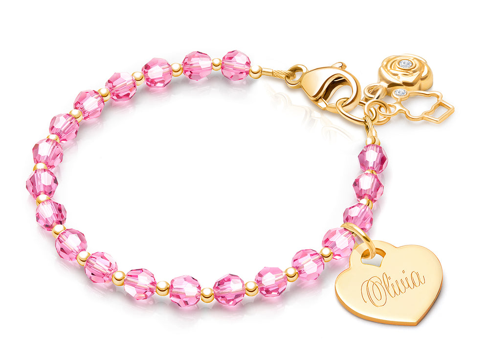 Birthstone Crystal, Baby/Children’s Beaded Bracelet for Girls (Includes Engraved Charm, All 12 Birthstones Avail) – 14K Gold