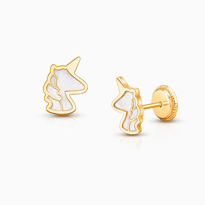 Genuine Magic, Mother of Pearl Unicorn Teen’s Earrings, Screw Back – 14K Gold