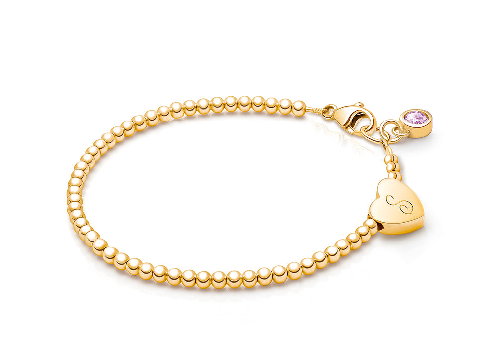 Dainty Heart, Baby/Children’s Beaded Bracelet for Girls (INCLUDES Engraved Initial) – 14K Gold