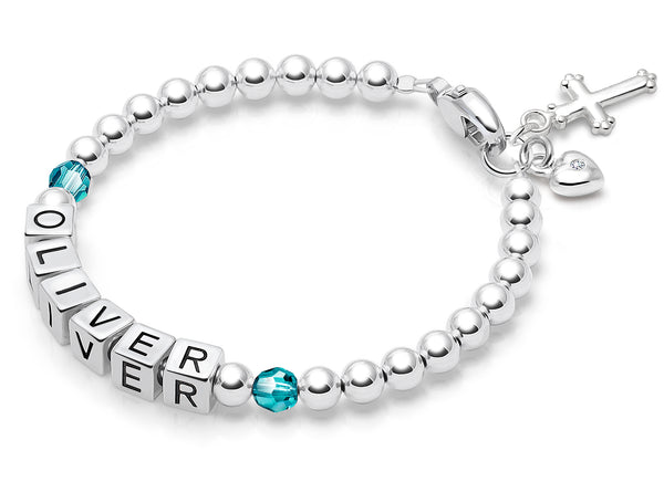 Tiny Blessings Birthstone, Baptism/Christening Name Bracelet for Boys – Sterling Silver