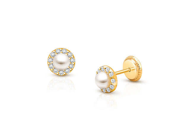 Pearl Halo, Clear CZ Christening/Baptism Baby/Children’s Earrings, Screw Back – 14K Gold