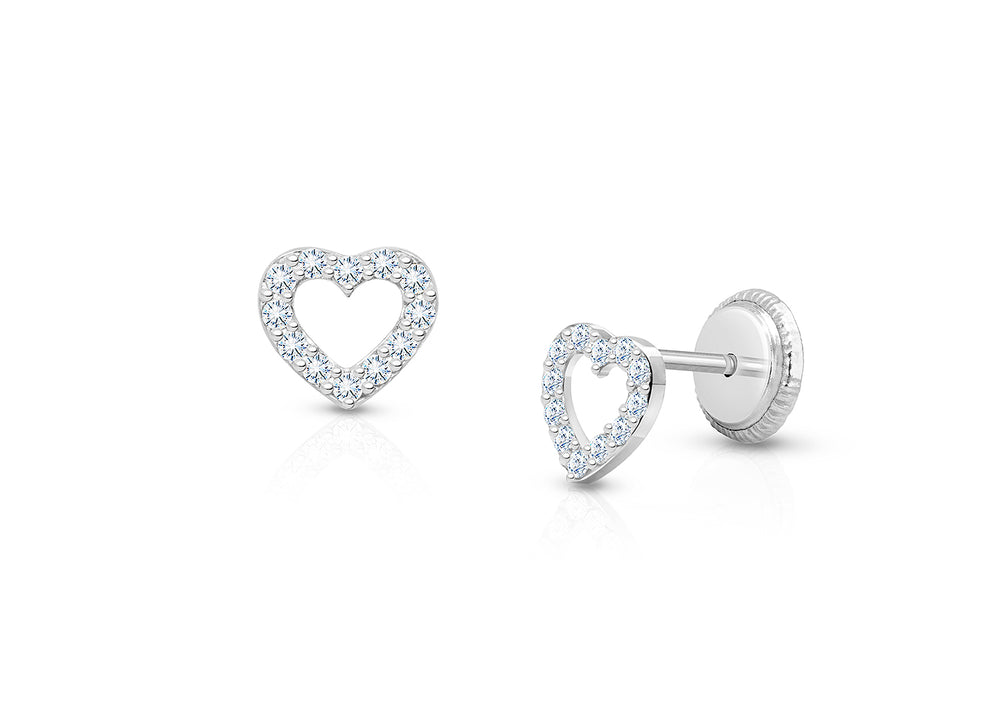 Love of Mine, Clear Pavé CZ Heart, Christening/Baptism Baby/Children’s Earrings, Screw Back – 14K White Gold