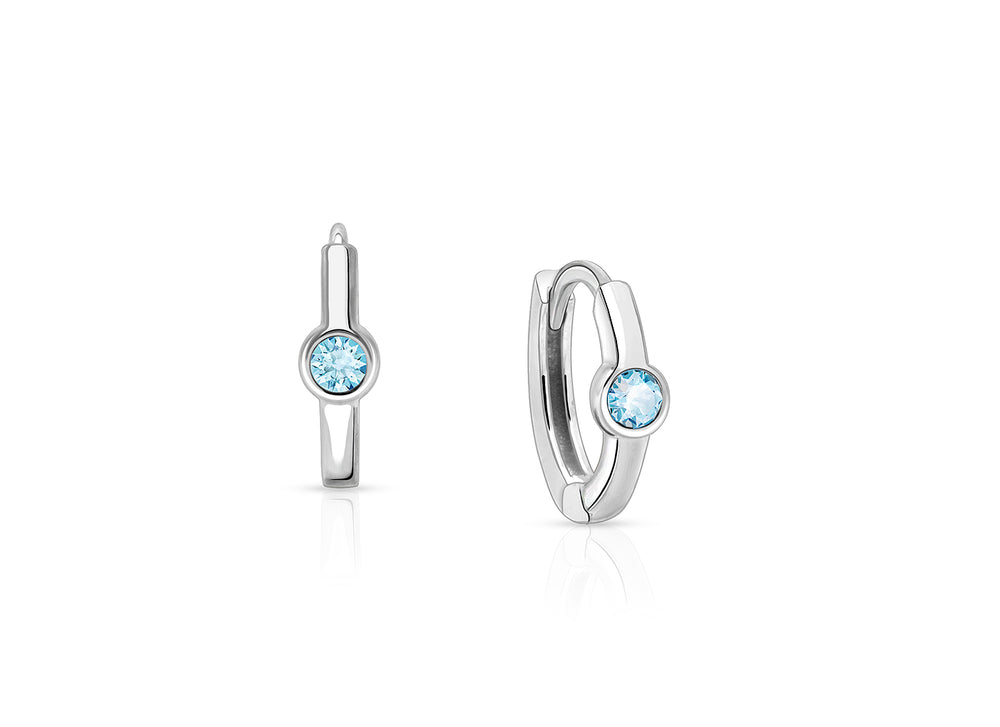 March Birthstone 9mm Huggie Hoops, Swarovski® Crystal Baby/Children’s Earrings – Sterling Silver