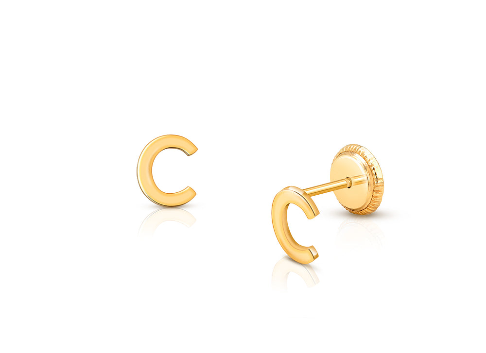 ‘C’ Initial Studs Personalized Baby/Children’s Earrings, Screw Back – 14K Gold
