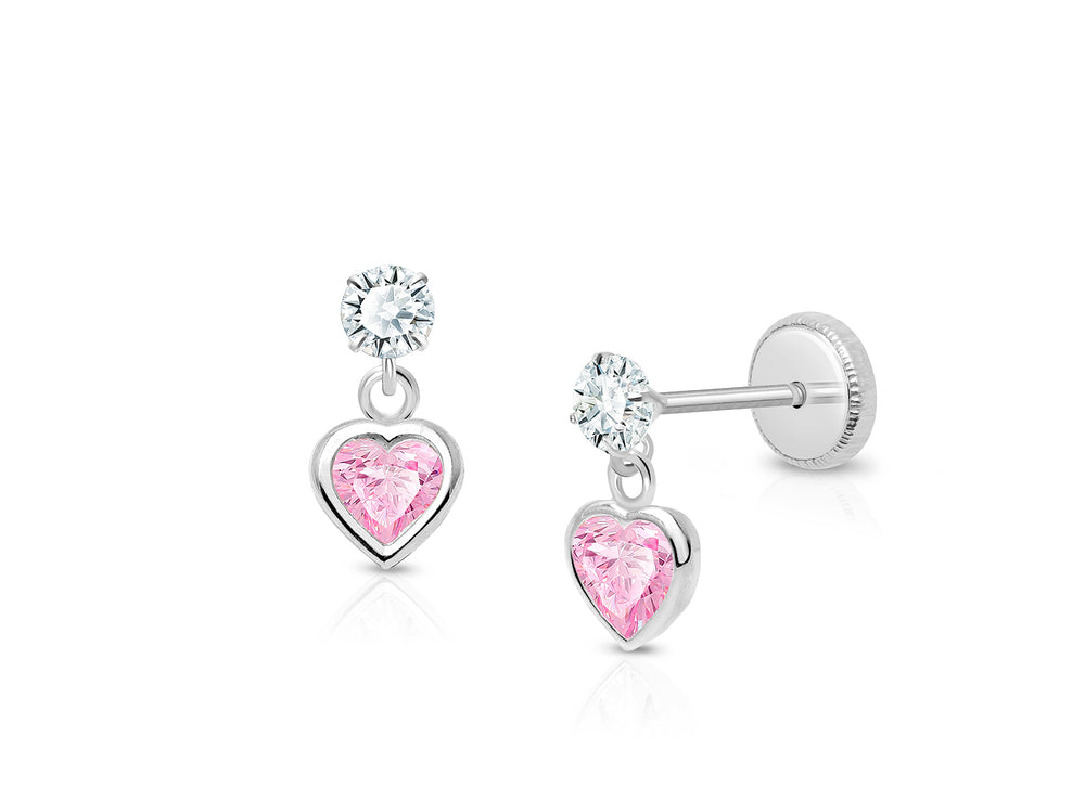 Fearless Heart Dangle, Pink/Clear CZ Baby/Children’s Earrings, Screw Back – 14K White Gold