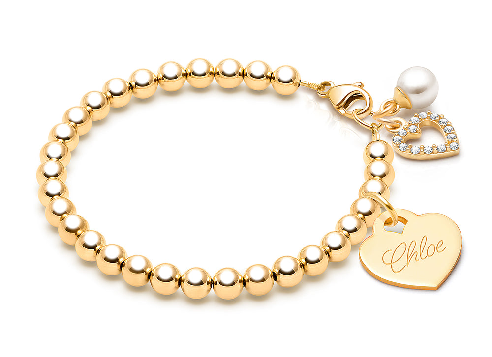 4mm Tiny Blessings Beads, Baby/Children’s Beaded Bracelet for Girls (INCLUDES Engraved Charm) – 14K Gold