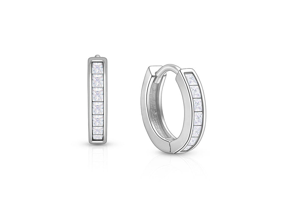 Channel Cut CZ, 11mm Huggie Hoops Christening/Baptism Baby/Children’s Earrings, Screw Back – Sterling Silver