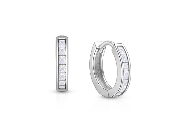 Channel Cut CZ, 11mm Huggie Hoops Christening/Baptism Baby/Children’s Earrings, Screw Back – Sterling Silver