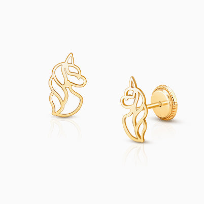 Genuine Magic, Mother of Pearl Unicorn Baby/Children’s Earrings, Screw Back – 14K Gold