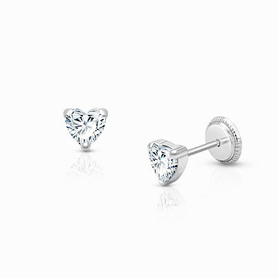 Dearest Heart, Clear Pavé CZ Baby/Children’s Earrings, Screw Back – 14K White Gold
