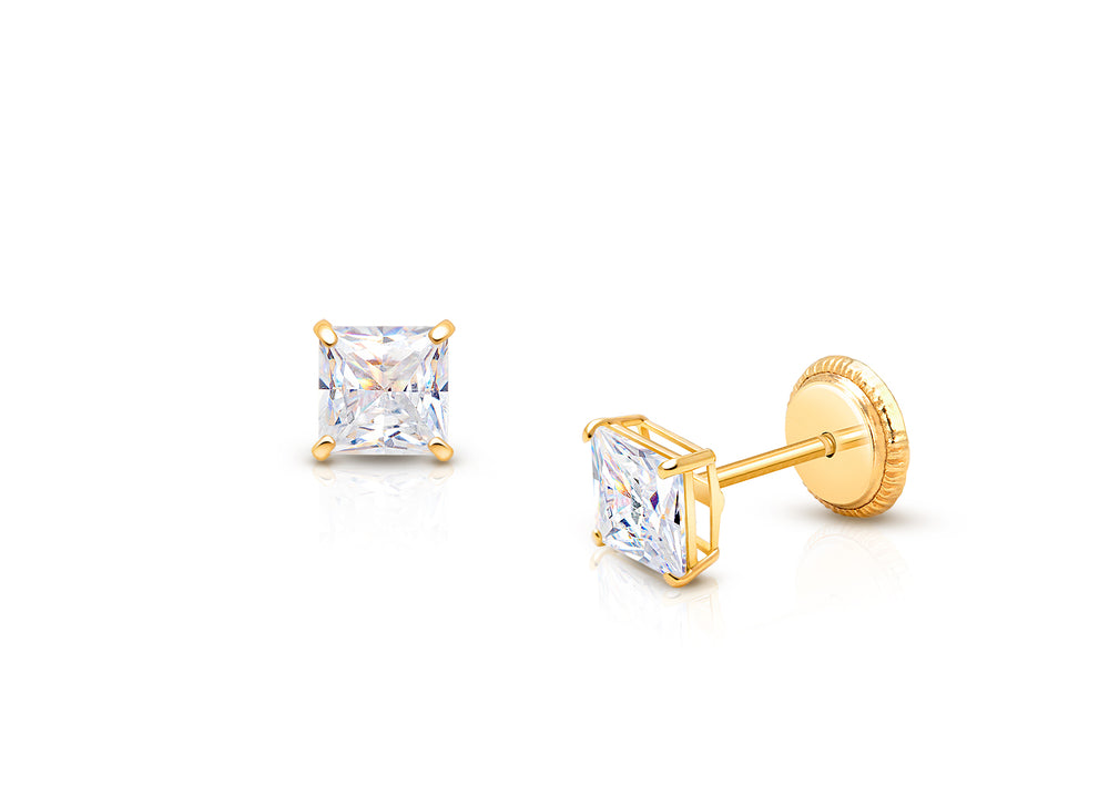 Princess Cut Studs, 4mm Clear CZ Studs, First Holy Communion Children’s Earrings, Screw Back – 14K Gold