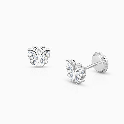 Baby Butterfly, Clear CZ Baby/Children’s Earrings, Screw Back – 14K White Gold