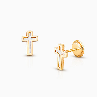 Genuine Faith, Mother of Pearl Cross Teen’s Earrings, Screw Back – 14K Gold