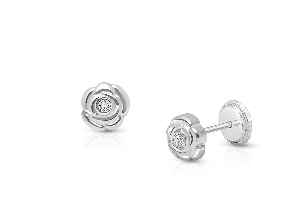 Blushing Rose, Clear CZ Studs Teen’s Earrings, Screw Back – 14K White Gold