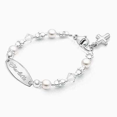4mm Cultured Pearls, Christening/Baptism Baby/Children’s Engraved Bracelet for Girls – Sterling Silver