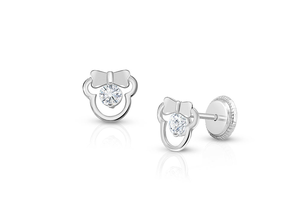 Girl Mouse with Bow, Baby/Children’s Earrings, Screw Back, Clear CZ – 14K White Gold