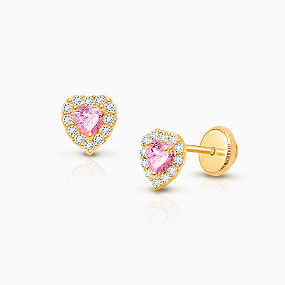 Blissful Heart, Pink/Clear CZ Baby/Children’s Earrings, Screw Back – 14K White Gold