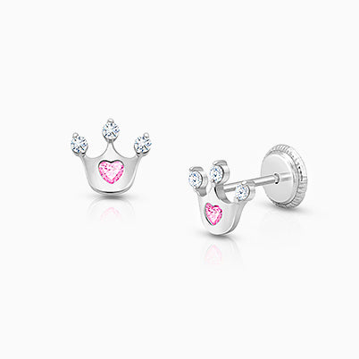 Princess at Heart, Pink/Clear CZ Baby/Children’s Earrings, Screw Back – 14K White Gold