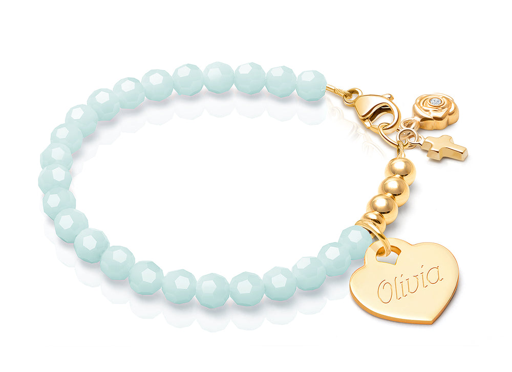 tB® Signature Crystal™ Trademark Blue, Teen’s Beaded Bracelet for Girls (INCLUDES Engraved Charm) – 14K Gold