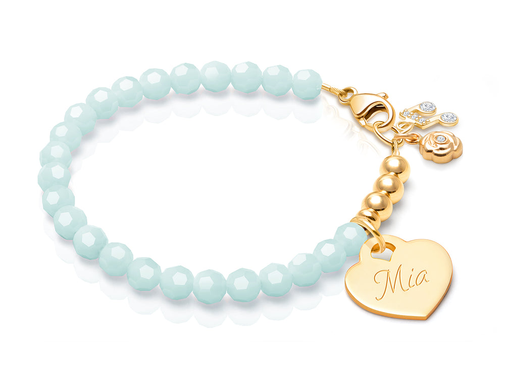 tB® Signature Crystal™ Trademark Blue, Baby/Children’s Beaded Bracelet for Girls (INCLUDES Engraved Charm) – 14K Gold