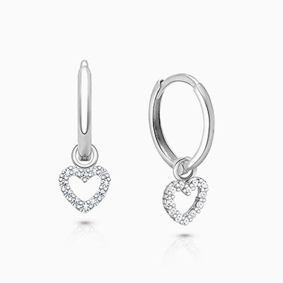 11mm Classic Huggie Hoops with Pavé Heart Dangle, Teen’s Earrings – Sterling Silver