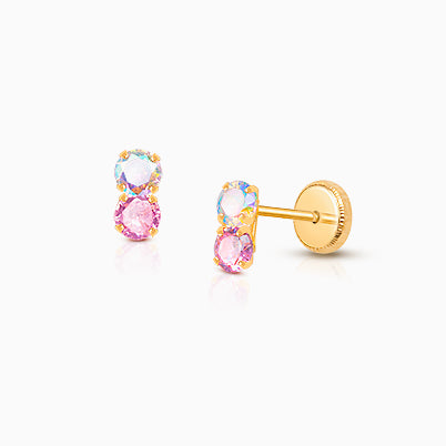 Fearless Heart Dangle, Pink/Clear CZ Baby/Children’s Earrings, Screw Back – 14K Gold