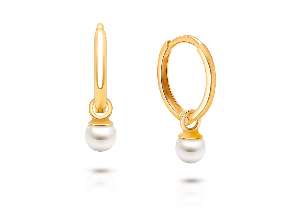 11mm Classic Huggie Hoops with Pearl Dangle, Baby/Children’s Earrings – 14K Gold