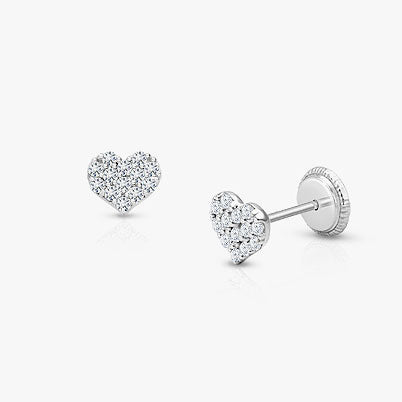 Modern Heart Dangle, Clear CZ Baby/Children’s Earrings, Screw Back – 14K White Gold