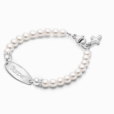 4mm Cultured Pearls, Christening/Baptism Baby/Children’s Engraved Bracelet for Girls – Sterling Silver