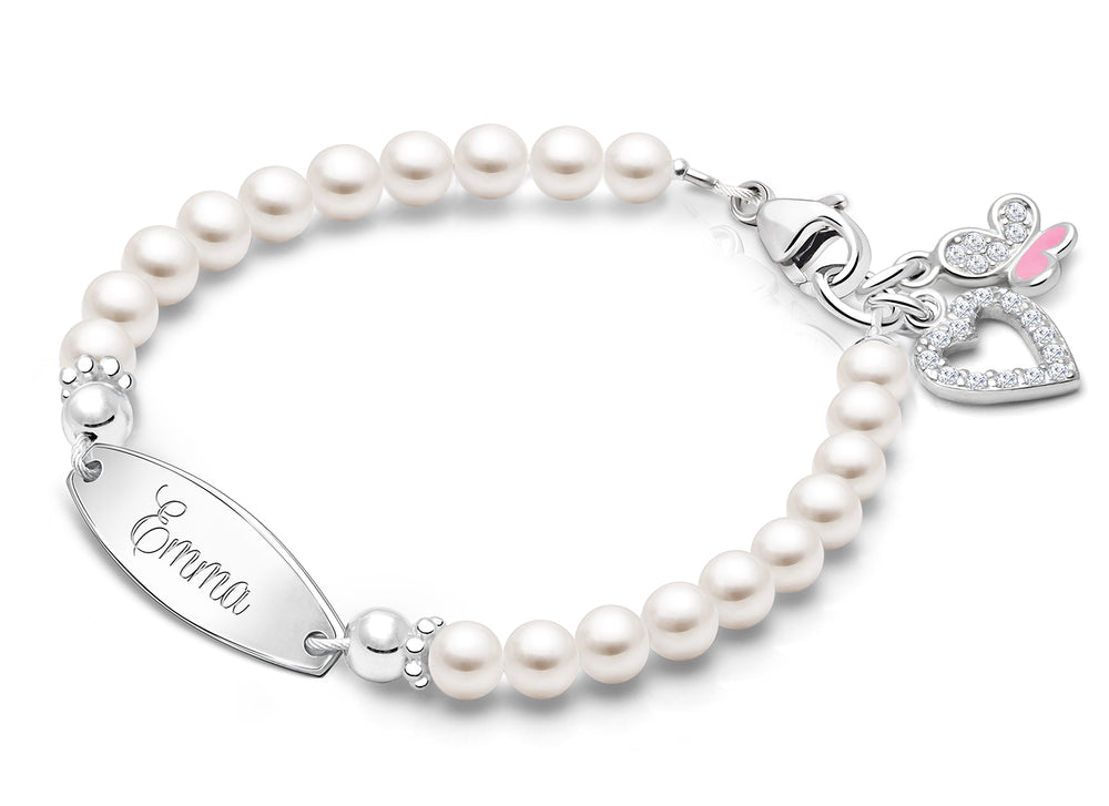 4mm Cultured Pearls, Baby/Children’s Engraved Bracelet for Girls – Sterling Silver
