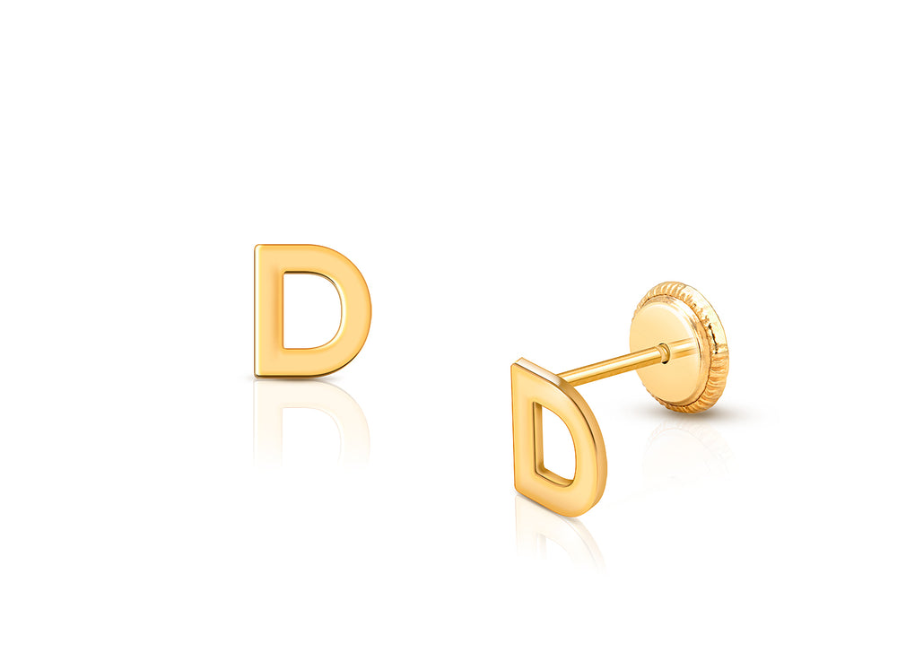 ‘D’ Initial Studs Personalized Baby/Children’s Earrings, Screw Back – 14K Gold