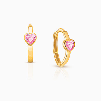 Gia™ Simple Heart Studs, 5mm Pink Opal CZ Baby/Children’s Earrings, Screw Back – 14K Gold