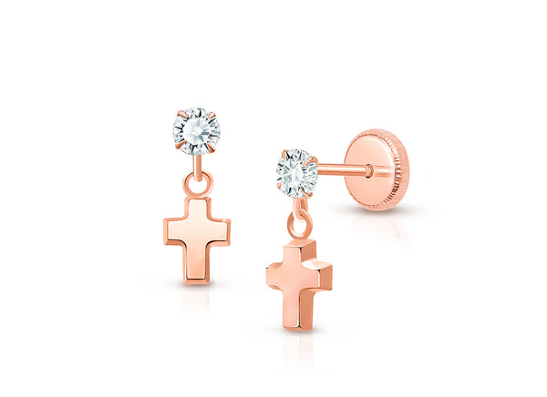 Simple Cross Dangle, Clear CZ Baby/Children’s Earrings, Screw Back – 14K Rose Gold