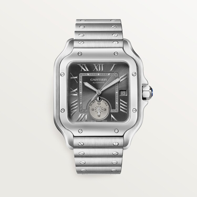 Unworn Santos Dual Time, Stainless Steel, 40.2mm, Ref# WSSA0076, box and papers