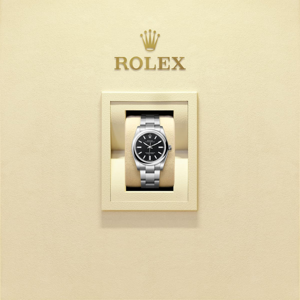 Unworn 2025, Oyster Perpetual, Oystersteel, 34mm, Black dial, Domed Oyster, Ref# 124200-0010, box and papers